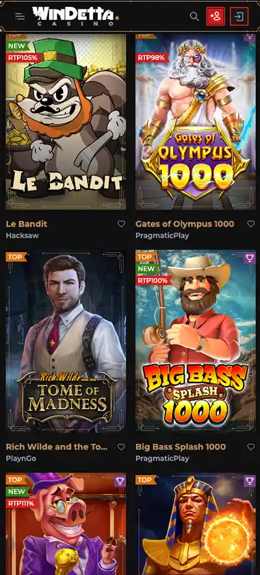 Windetta Casino mobile popular games screenshot showing top-ranked game thumbnails, featured titles and quick-play buttons in the mobile lobby - tested