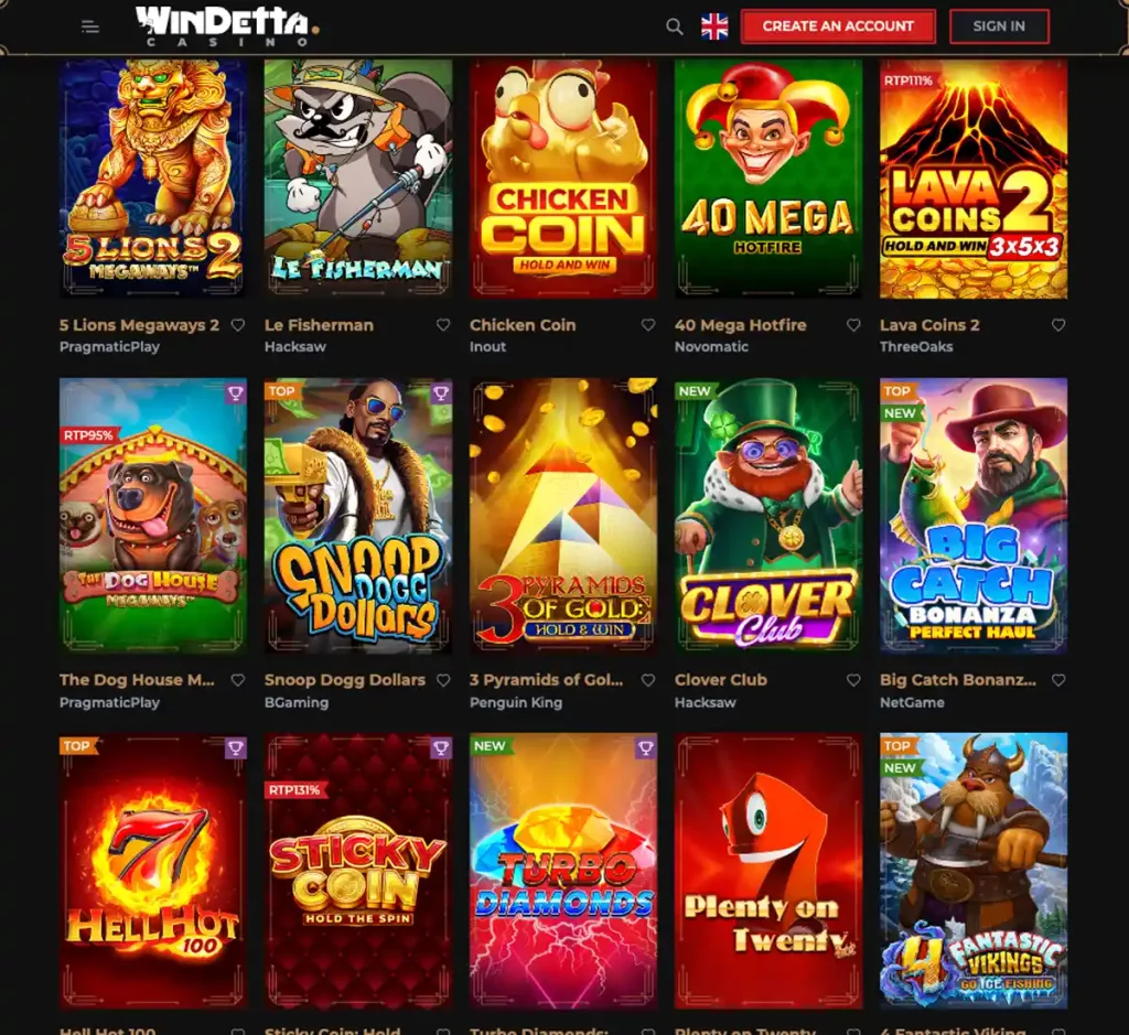 Windetta Casino desktop slots screenshot showing slot categories, featured titles and game providers in the casino lobby - tested
