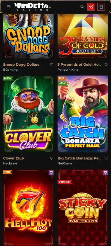 Windetta Casino mobile slots screenshot showing slot game thumbnails, categories and featured titles in the mobile game lobby - tested