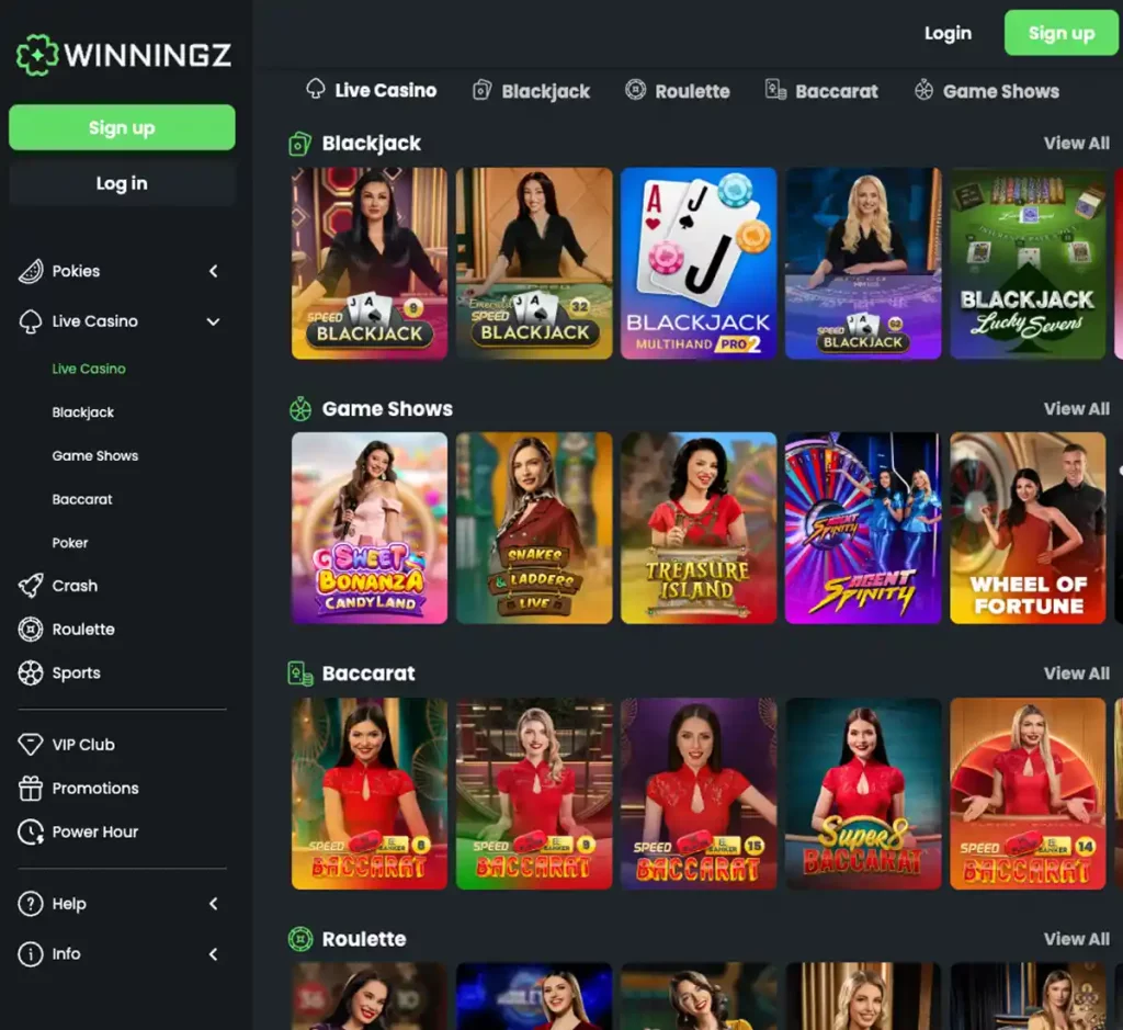 Winningz Casino desktop live casino games collection screenshot displaying available live tables, dealers and categories - tested