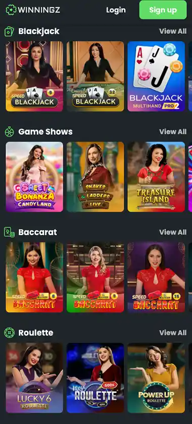 Winningz Casino mobile live casino games collection screenshot displaying available live tables, dealers and categories - tested