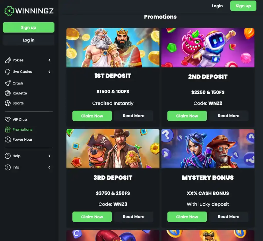 Winningz Casino desktop promotions page screenshot displaying bonus offers, promotional banners and terms - tested