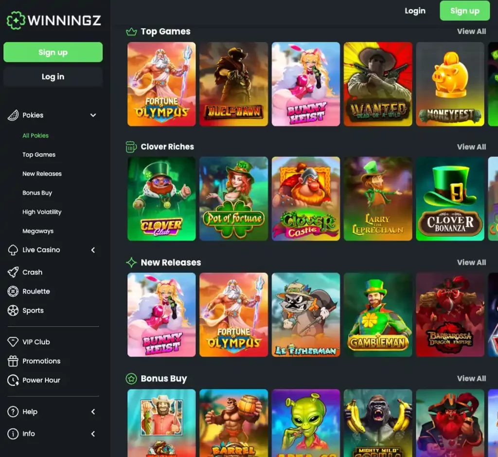Winningz Casino desktop slots variety screenshot displaying featured slots, game categories and filtering options - tested