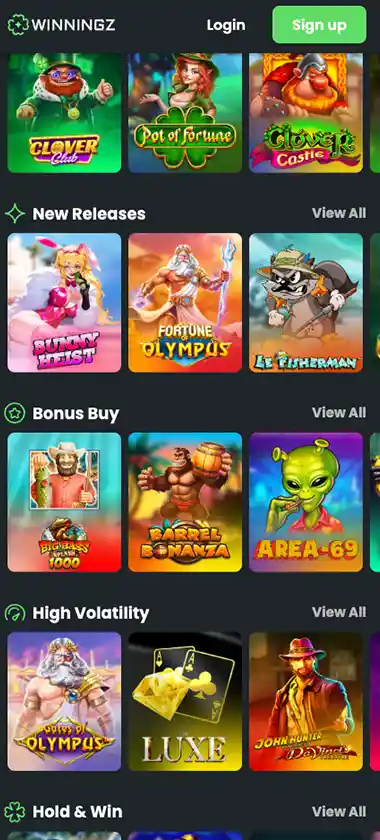 Winningz Casino mobile slots variety screenshot displaying featured slots, categories and touch-optimized navigation - tested