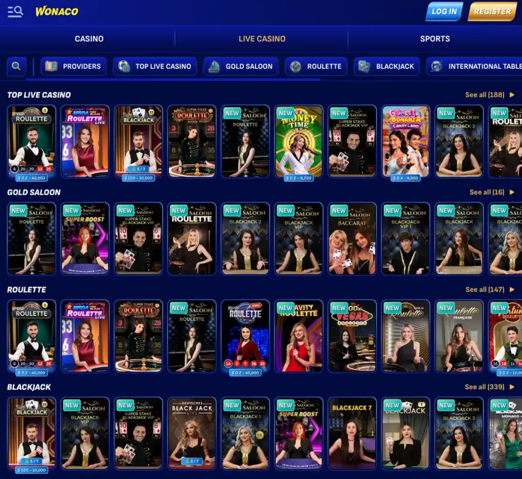 Wonaco Casino desktop live casino screenshot displaying real-dealer tables including roulette, blackjack and baccarat with lobby navigation and betting interface - tested