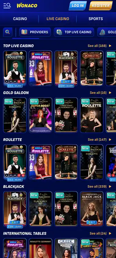 Wonaco Casino mobile live casino screenshot displaying live dealer tables including roulette, blackjack and baccarat with mobile lobby navigation and betting interface - tested