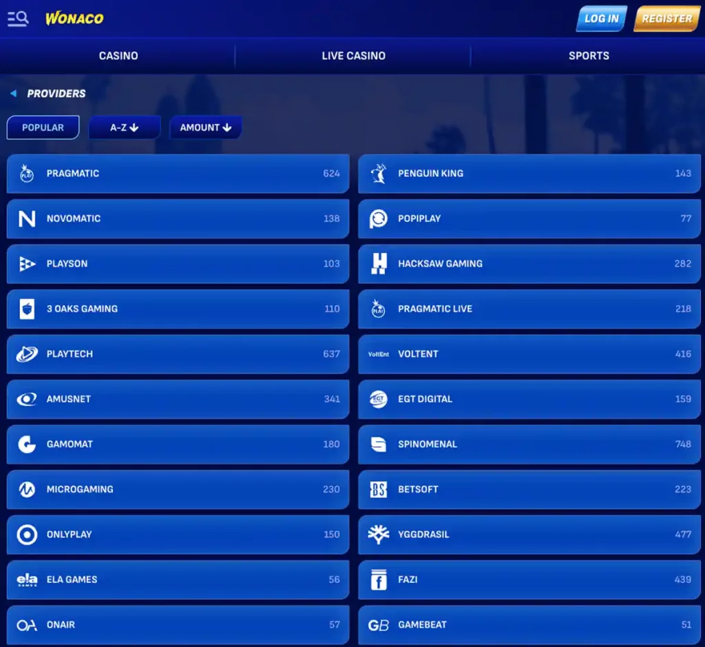 Wonaco Casino desktop providers screenshot showing game provider logos, filters and provider-specific game lists in the casino lobby - tested