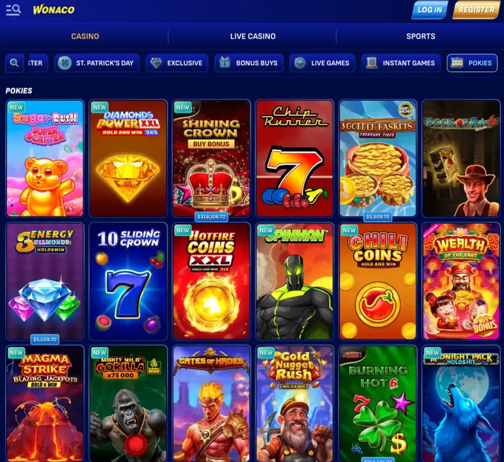 Wonaco Casino desktop slots screenshot showing slot categories, featured titles and game providers in the casino lobby - tested