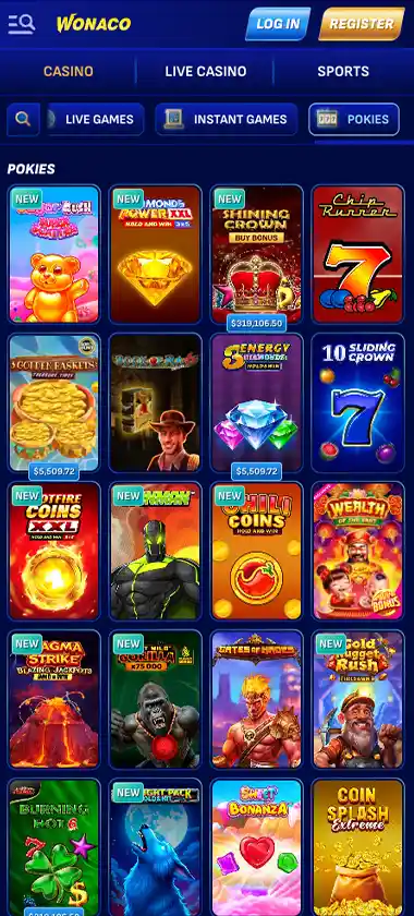 Wonaco Casino mobile slots screenshot showing slot game thumbnails, categories and featured titles in the mobile game lobby - tested