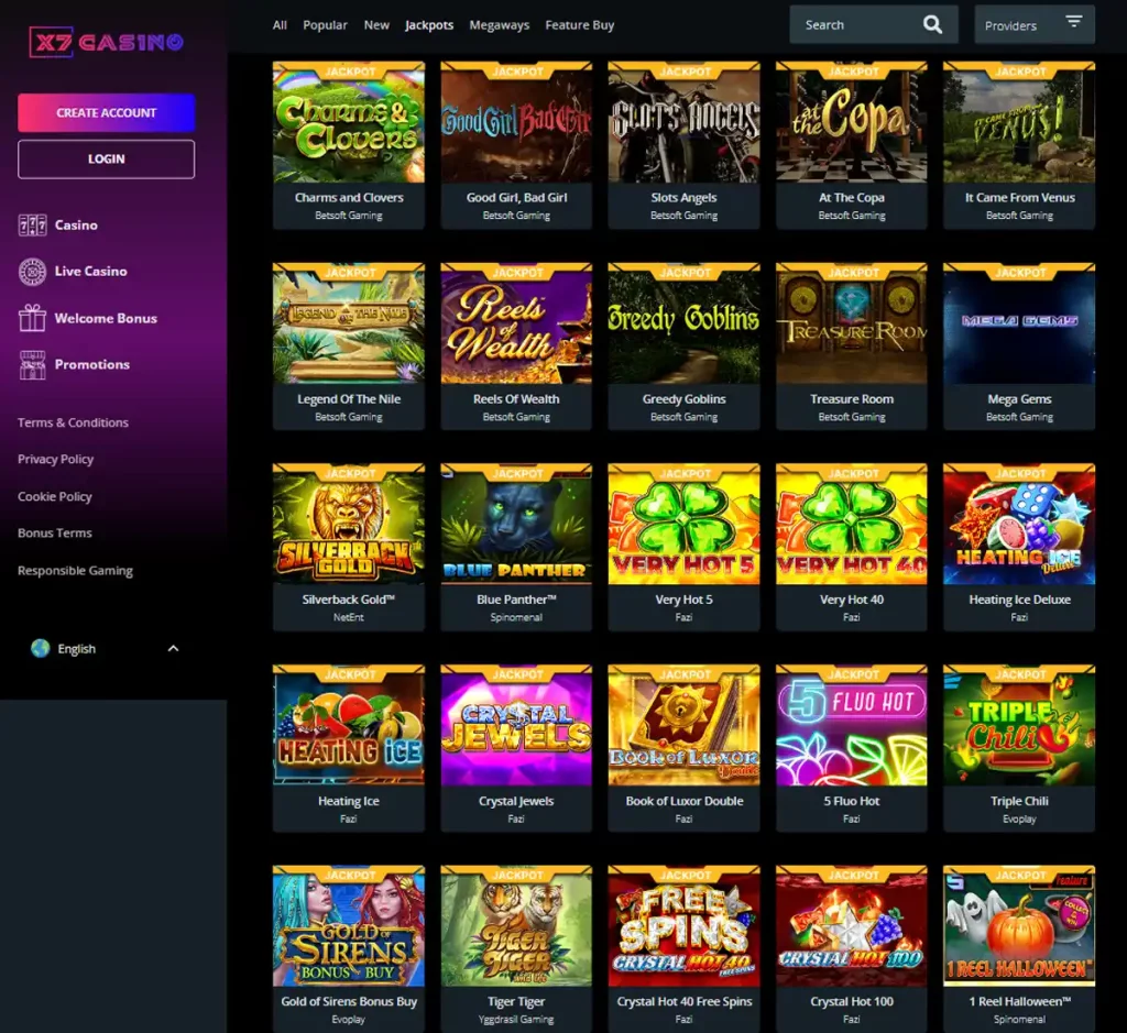 X7Casino desktop jackpots screenshot showing progressive jackpot titles, prize amounts and provider filters - tested