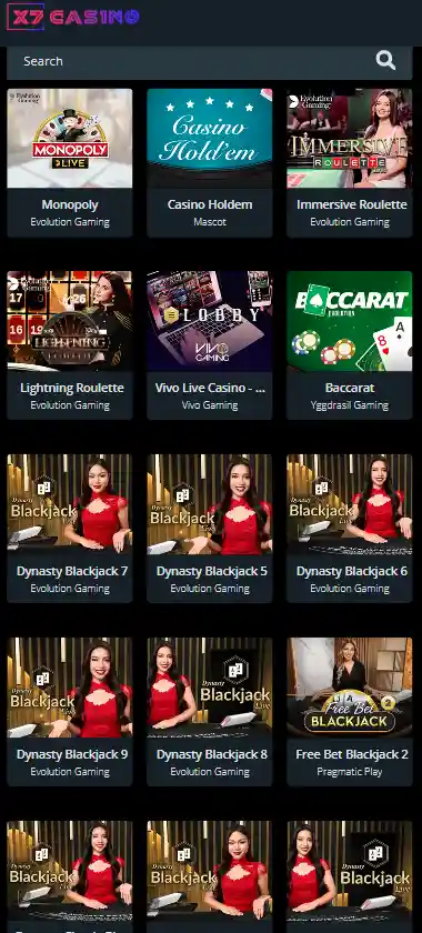 X7Casino mobile live dealer games collection screenshot displaying available live tables and categories with mobile-friendly interface/navigation - tested X7Casino mobile live dealer games collection screenshot displaying available live tables and categories with mobile-friendly interface/navigation - tested