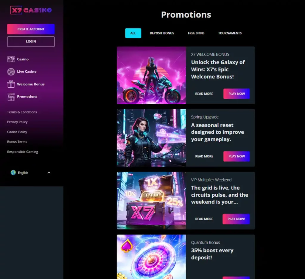 X7Casino desktop promotions screenshot showing promotional banners, bonus offers and claim instructions with categories and filter options - tested X7Casino desktop promotions screenshot showing promotional banners, bonus offers and claim instructions with categories and filter options - tested