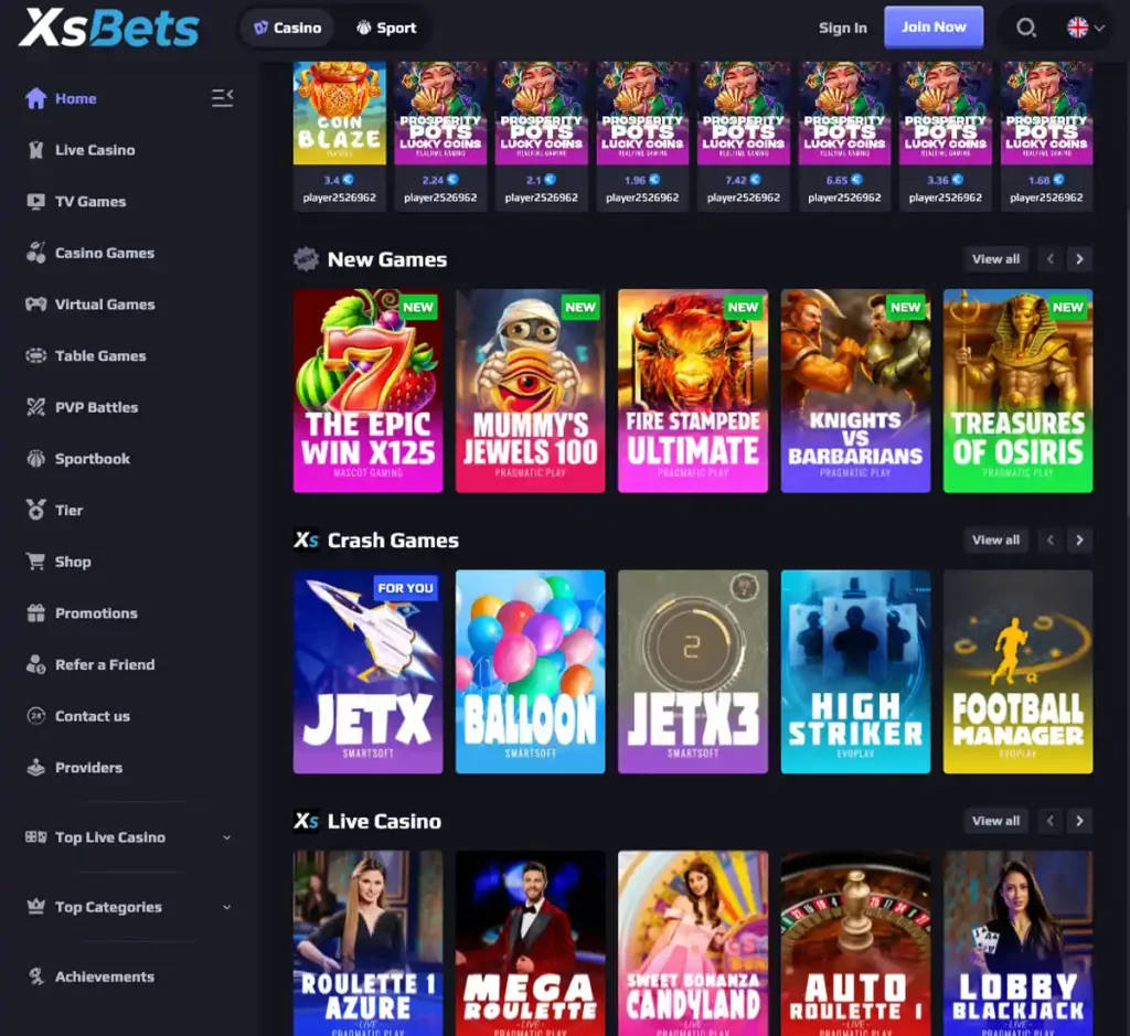 XsBets Casino desktop homepage screenshot displaying main navigation, featured games and promotional banners - tested