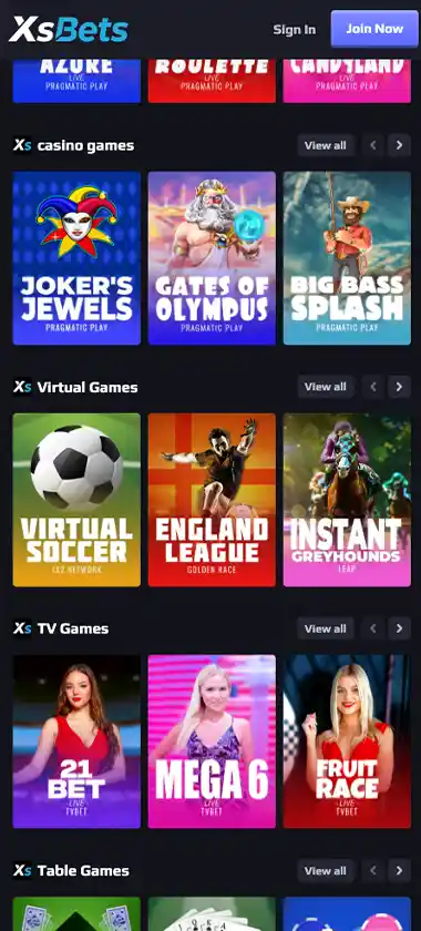 XsBets Casino mobile homepage screenshot displaying main navigation, featured games and promotional banners - tested