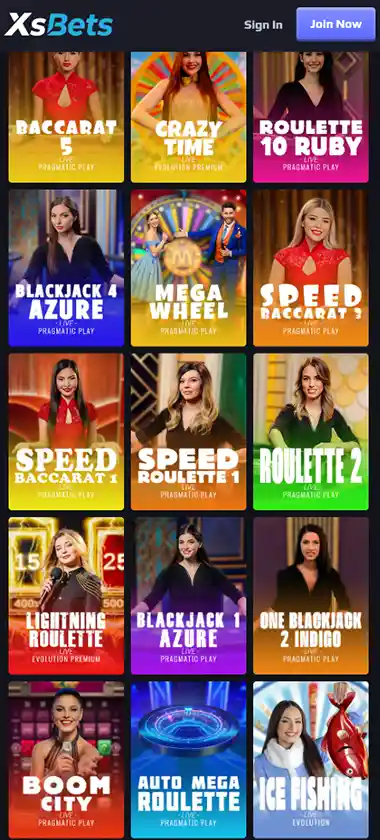 XsBets Casino mobile live casino games collection screenshot displaying available live tables and categories - tested