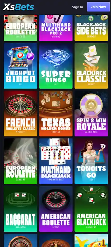 XsBets Casino mobile table games collection screenshot displaying blackjack, roulette, baccarat variants and touch-optimized navigation - tested