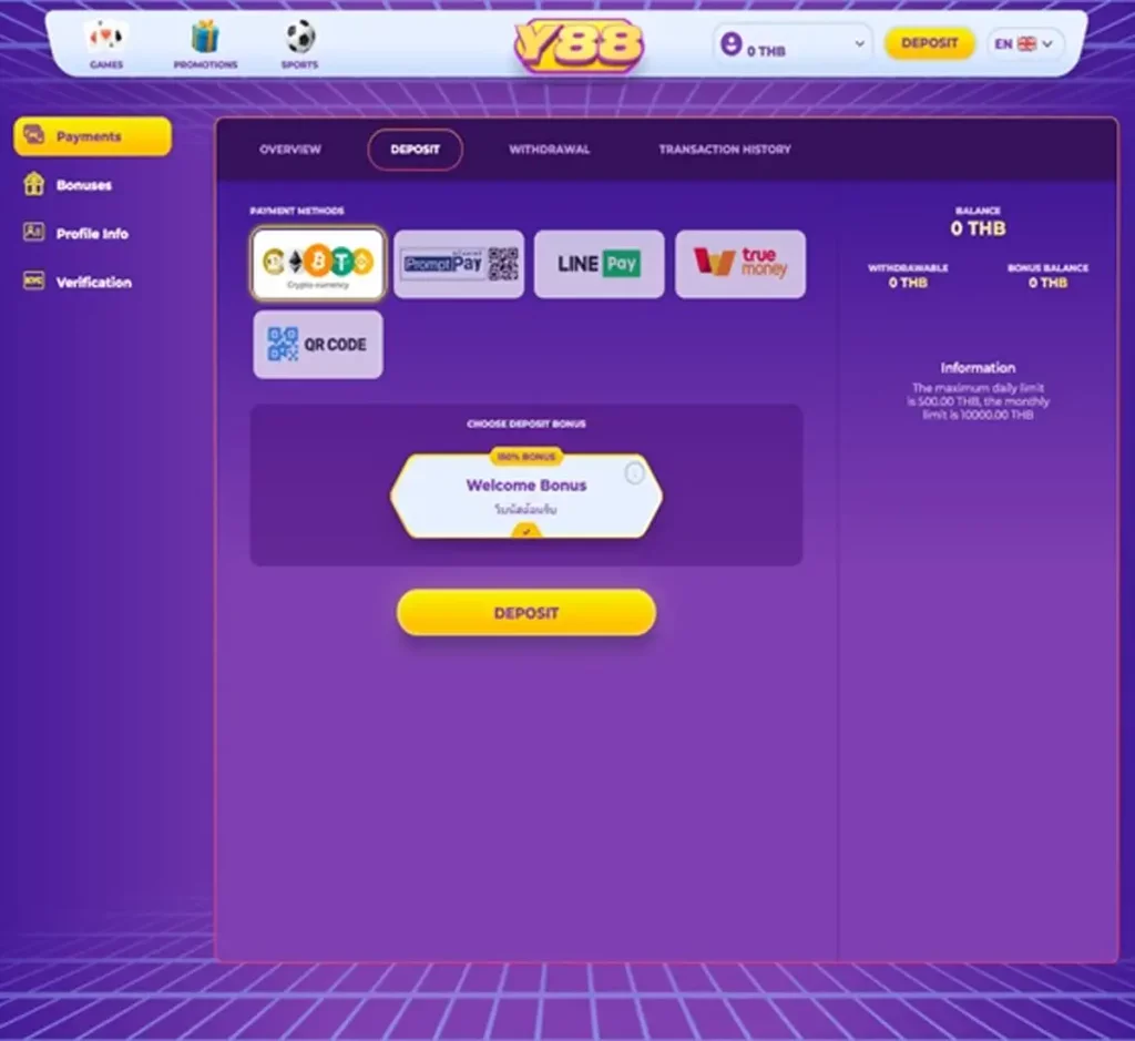 Y88 Casino desktop deposit methods screenshot displaying available payment options including cards, e-wallets and cryptocurrencies - tested