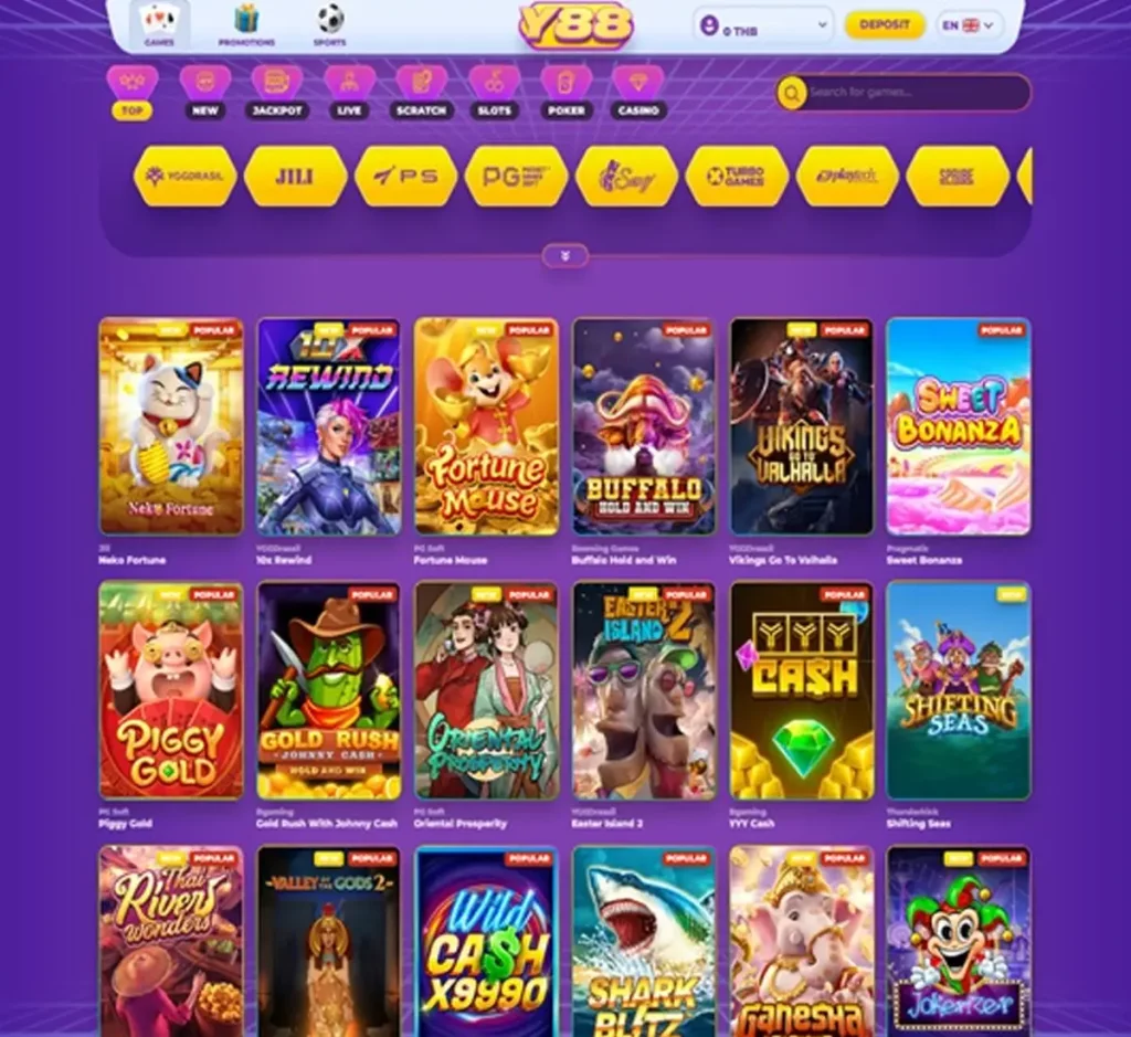 Y88 Casino desktop home page screenshot showing main navigation, featured games and promotional banners - tested