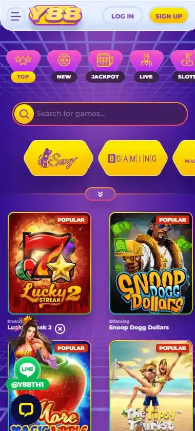 Y88 Casino mobile home page screenshot displaying main navigation, featured games and mobile-friendly interface - tested