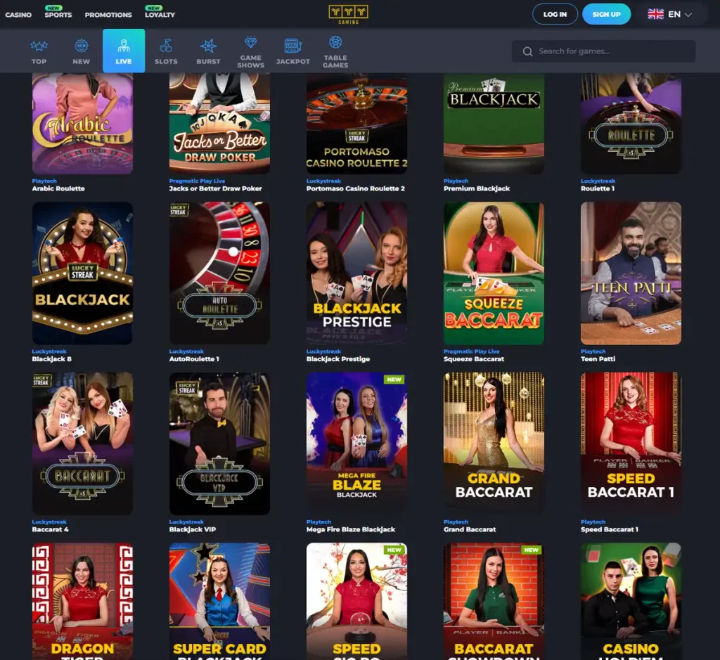 YYY Casino desktop live dealer games collection screenshot showing roulette, blackjack and baccarat tables in lobby view with categories and provider filters - tested