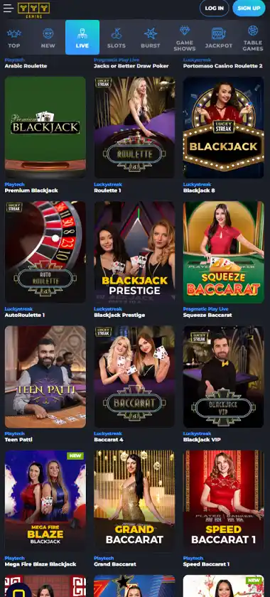 YYY Casino mobile live dealer games collection screenshot displaying available live tables and categories with mobile-friendly interface/navigation - tested