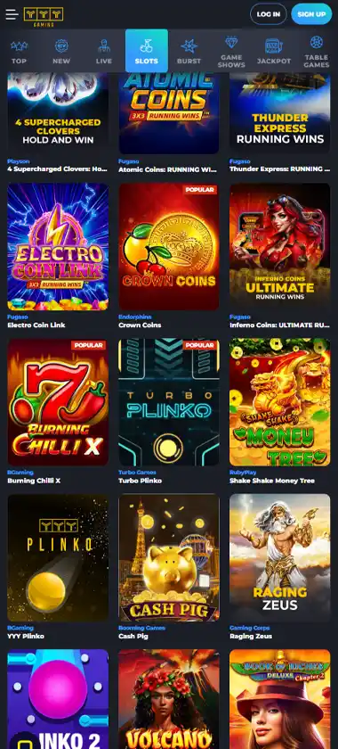 YYY Casino mobile slot screenshot displaying featured slots, categories and touch-optimized navigation - tested