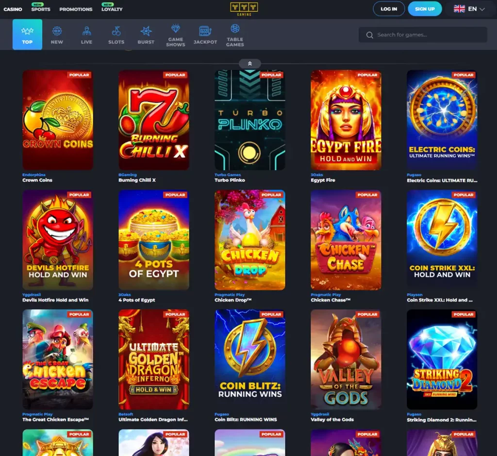 YYY Casino desktop top games screenshot showing top games, hot and featured titles and provider filters - tested