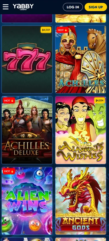 Yabby Casino mobile slots variety screenshot displaying featured slots, categories and touch-optimized navigation - tested Yabby Casino mobile slots variety screenshot displaying featured slots, categories and touch-optimized navigation - tested