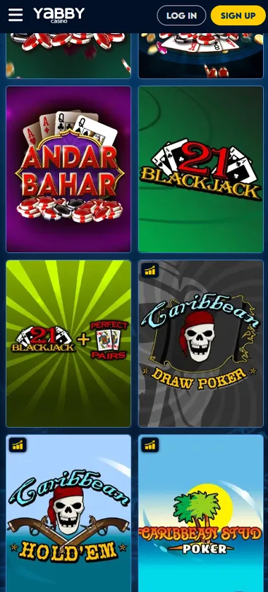Yabby Casino mobile table games collection screenshot displaying available table games and mobile-friendly navigation - tested Yabby Casino mobile table games collection screenshot displaying available table games and mobile-friendly navigation - tested