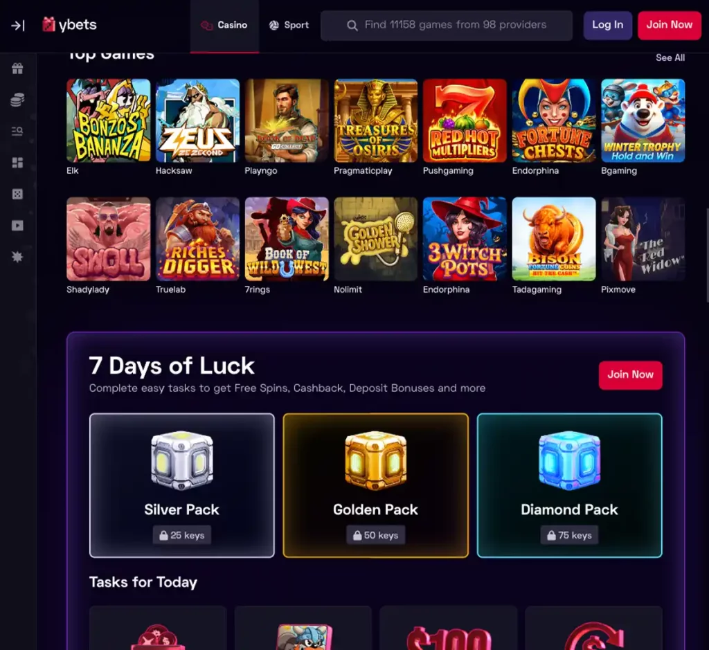 Ybets Casino desktop home page screenshot showing main navigation, featured games and promotional banners - tested