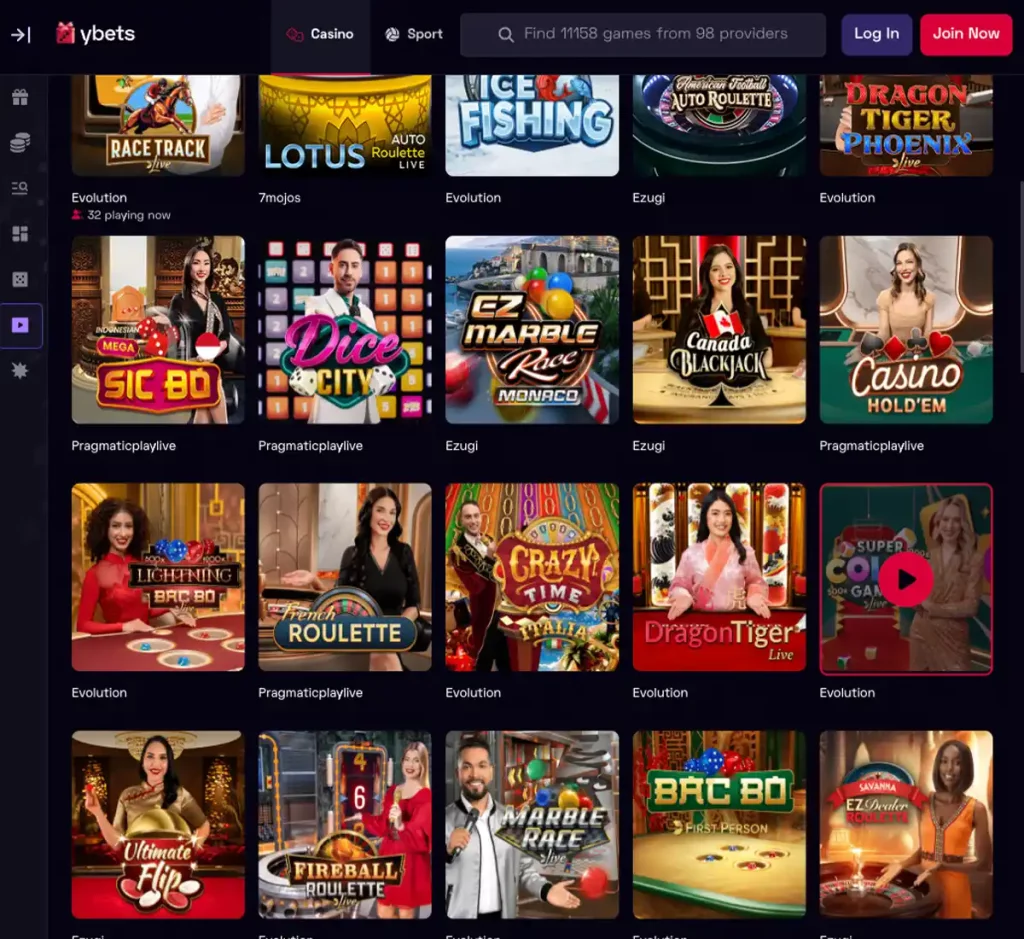 Ybets Casino desktop live dealer games collection screenshot showing roulette, blackjack and baccarat tables in lobby view - tested