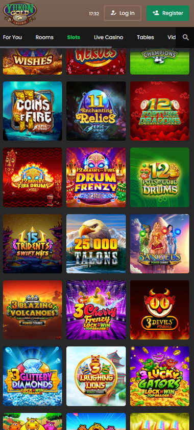 Yukon Gold Casino mobile slots variety screenshot displaying featured slots, categories and touch-optimized navigation - tested