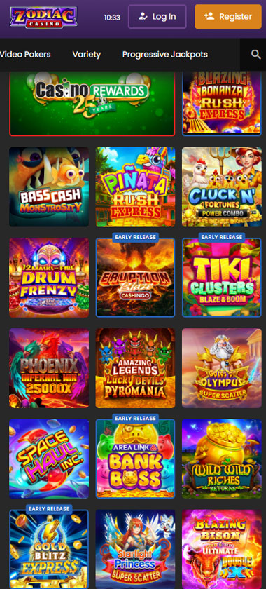 Zodiac Casino mobile home page screenshot displaying main navigation, featured games and mobile-friendly interface - tested