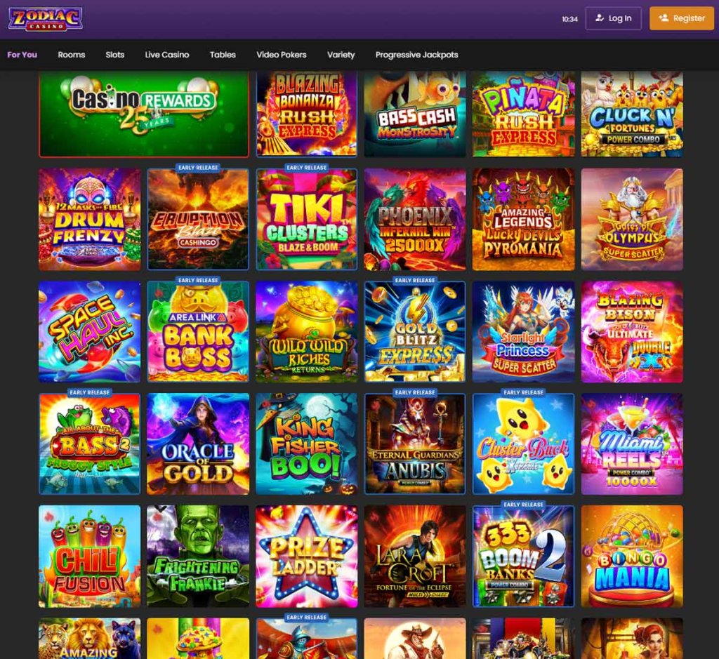 Zodiac Casino desktop home page screenshot showing main navigation, featured games and promotional banners - tested