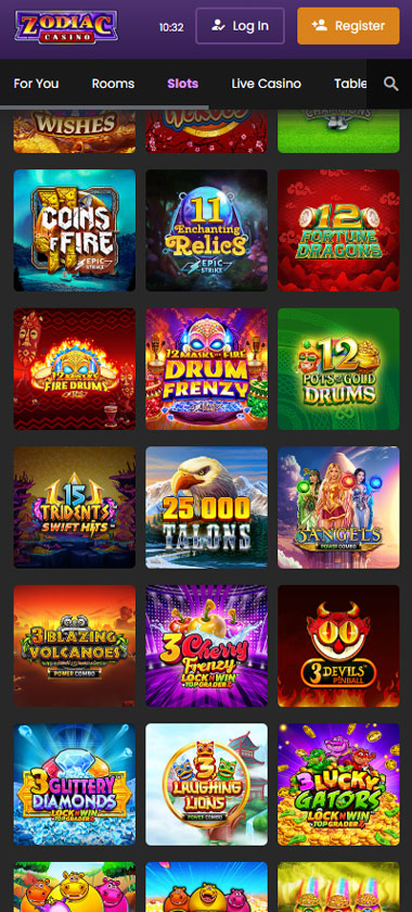 Zodiac Casino mobile slots variety screenshot displaying featured slots, categories and touch-optimized navigation - tested