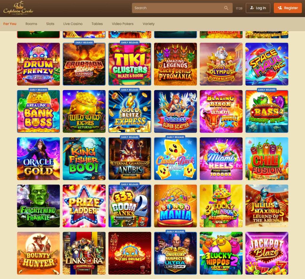 Captain Cooks Casino desktop home page screenshot showing main navigation, featured games and promotional banners - tested