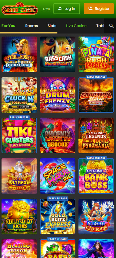 Casino Classic mobile home page screenshot displaying main navigation, featured games and mobile-friendly interface - tested