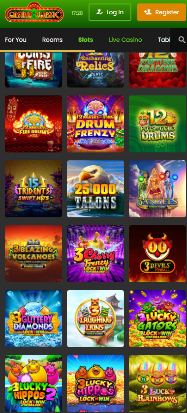 Casino Classic mobile slots variety screenshot displaying featured slots, categories and touch-optimized navigation - tested