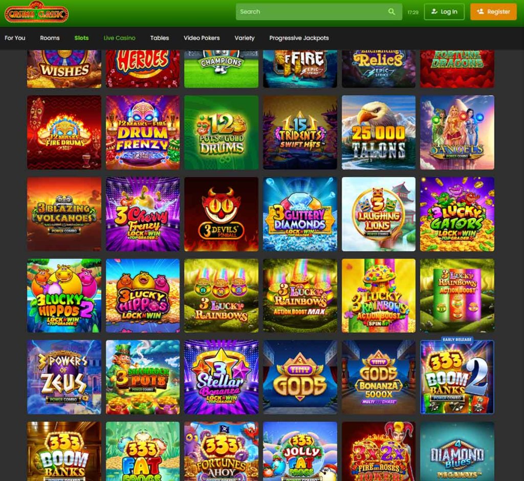 Casino Classic desktop slots variety screenshot showing multiple slot categories, featured games and provider filters - tested