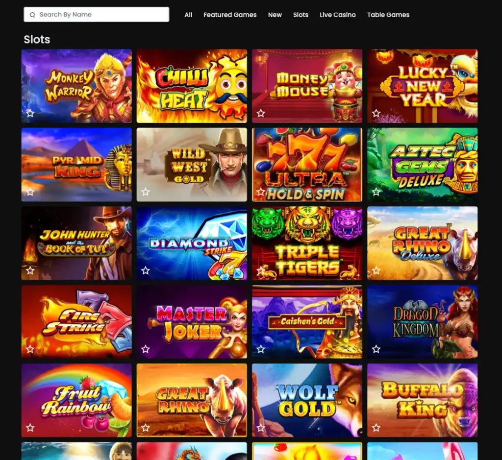 Casino Hermes desktop slots variety screenshot displaying featured slots, game categories and filtering options - tested