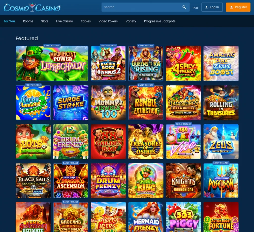 Cosmo Casino desktop home page screenshot showing main navigation, featured games and promotional banners - tested