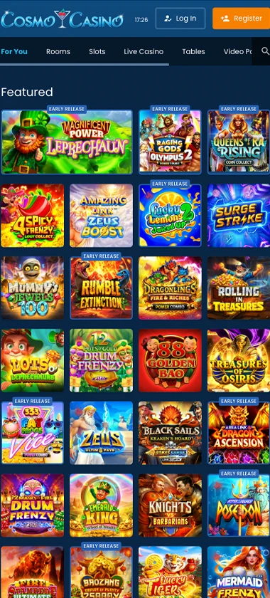 Cosmo Casino mobile home page screenshot displaying main navigation, featured games and mobile-friendly interface - tested
