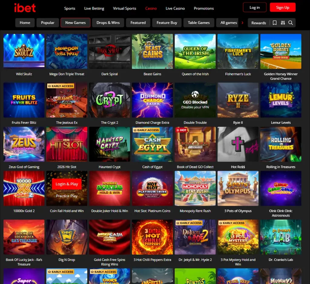 iBet Casino desktop new games screenshot showing recently added titles and latest releases - tested
