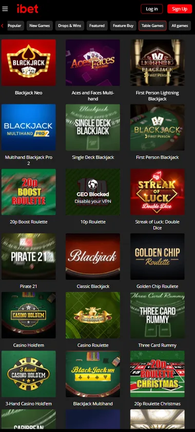 iBet Casino mobile table games collection screenshot displaying available table games and mobile-friendly navigation - tested