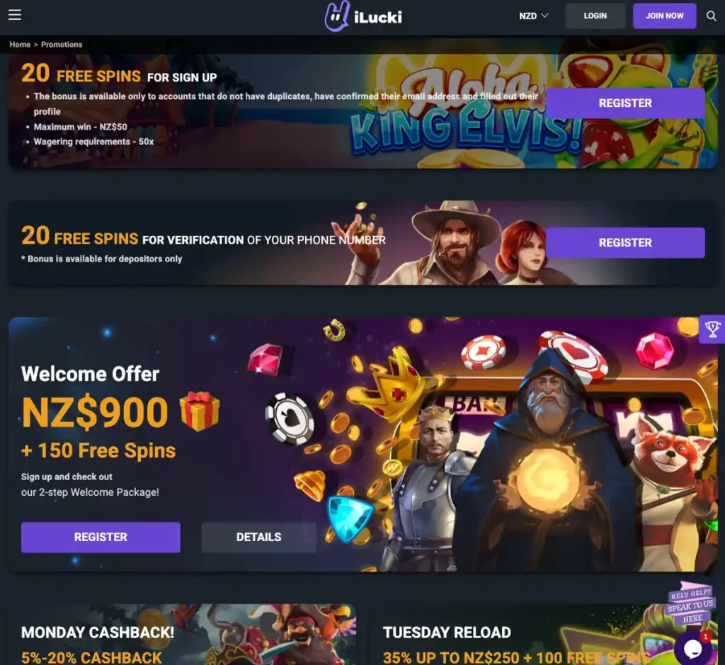 iLucki Casino desktop promotions screenshot showing promotional banners, bonus offers and promo details in the casino lobby - tested