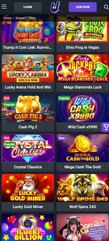 iLucki Casino mobile slots screenshot showing slot game thumbnails, categories and featured titles in the mobile game lobby - tested