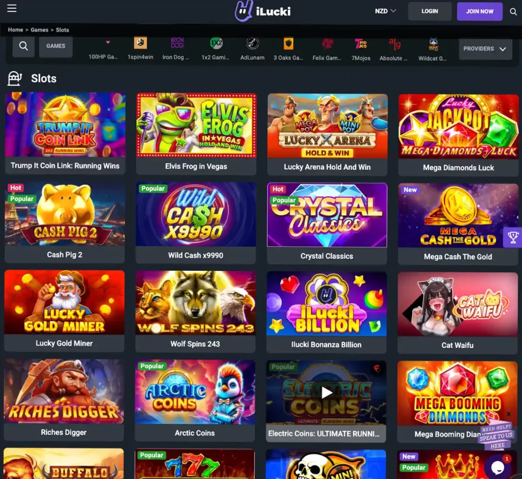 iLucki Casino desktop slots screenshot showing slot categories, featured titles and game providers in the casino lobby - tested
