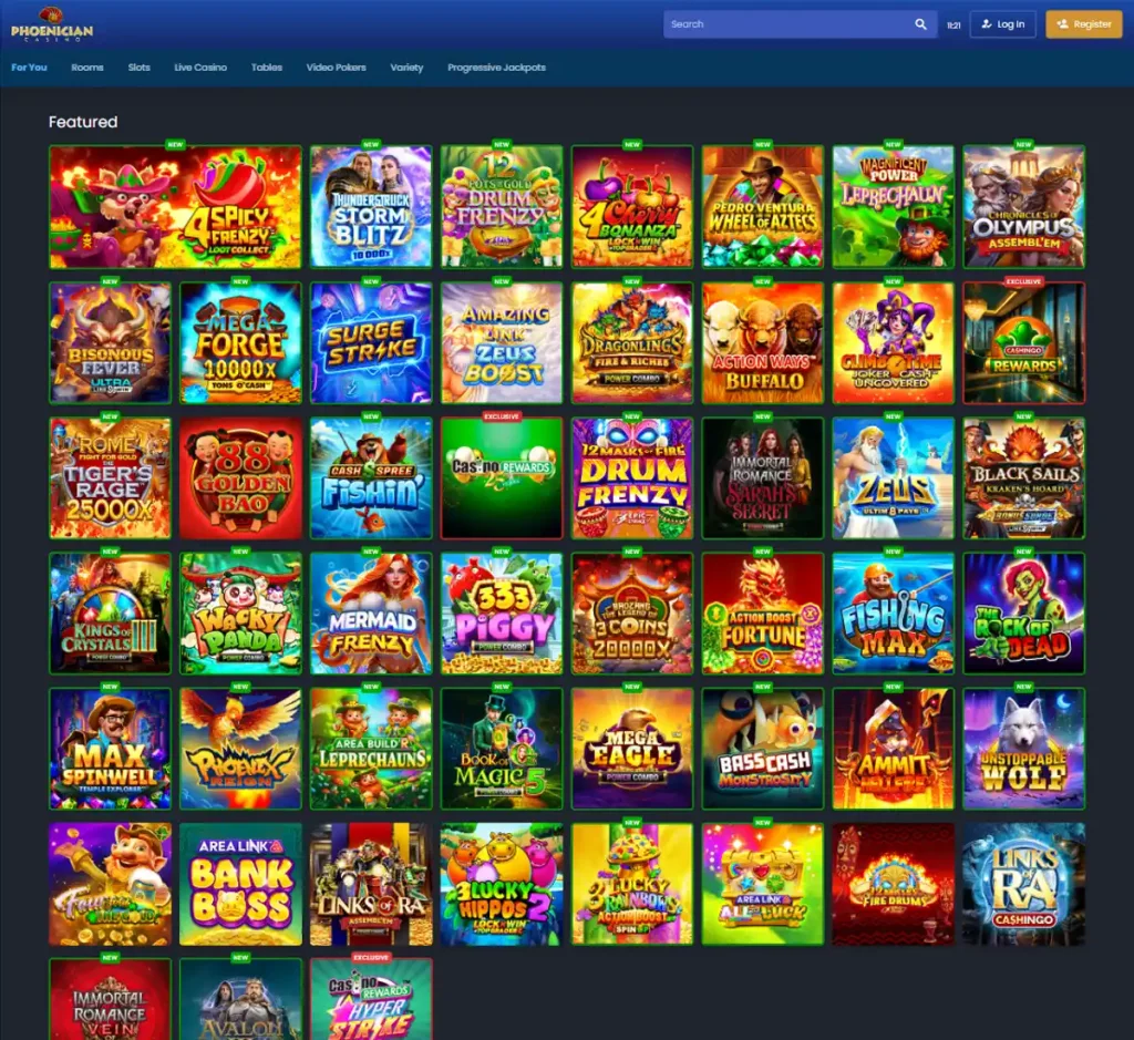 phoenician casino desktop homepage screenshot showing main navigation, featured games and promotional banners - tested
