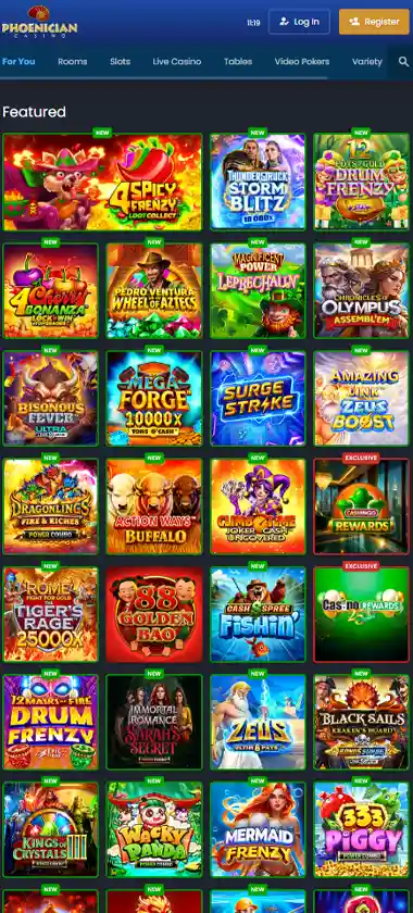 phoenician casino mobile homepage screenshot displaying main navigation, featured games and mobile-friendly interface/navigation - tested