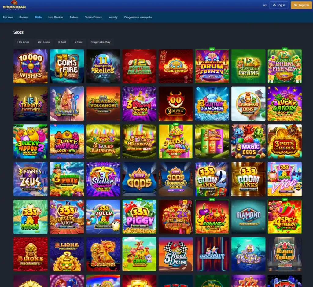 phoenician casino desktop slot screenshot showing multiple slot categories, featured games and provider filters - tested